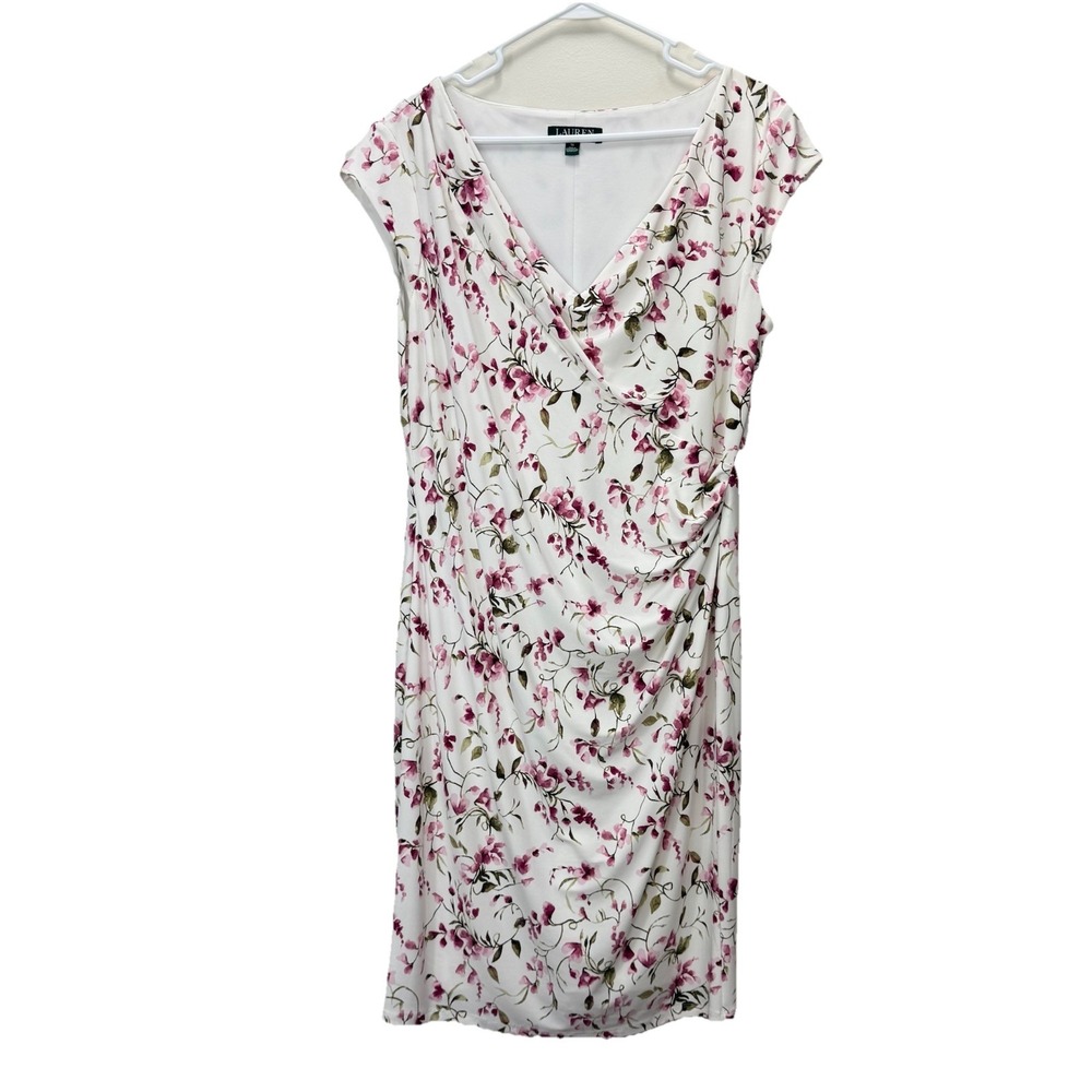 Ralph Lauren Ivory Pink Floral Jersey Surplice Stretch Sheath Dress Size 16 - Picture 3 of 10